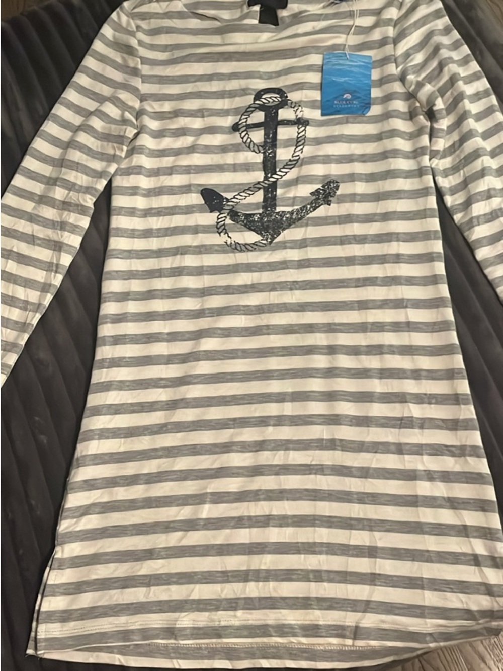 Nautical Anchor Striped Long Sleeve Dress - White & Light Gray